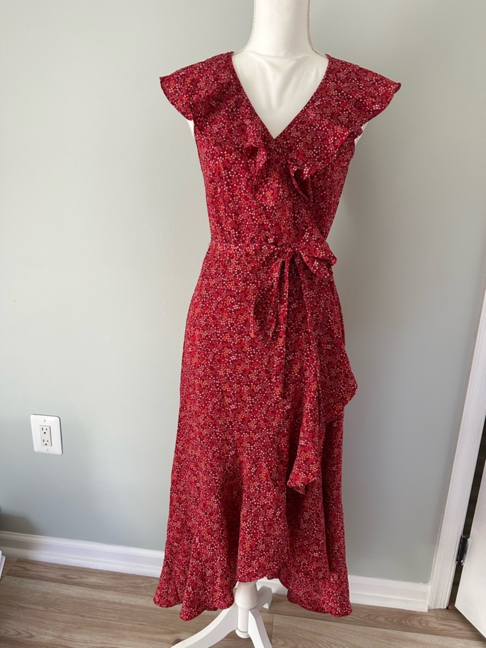 Max Studio Red Floral Wrap Midi Dress with Ruffle Sleeves